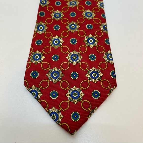 BURBERRY Vintage Rosette Geometric Floral Print Silk Neck Tie Red Gold Green - Picture 2 of 7